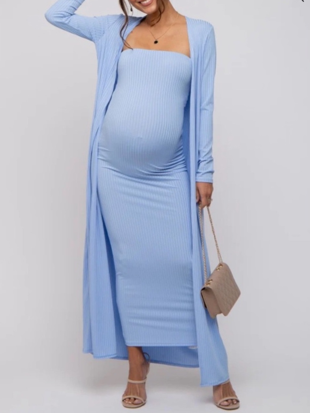 Light Blue Strapless Dress & Long Cardigan
